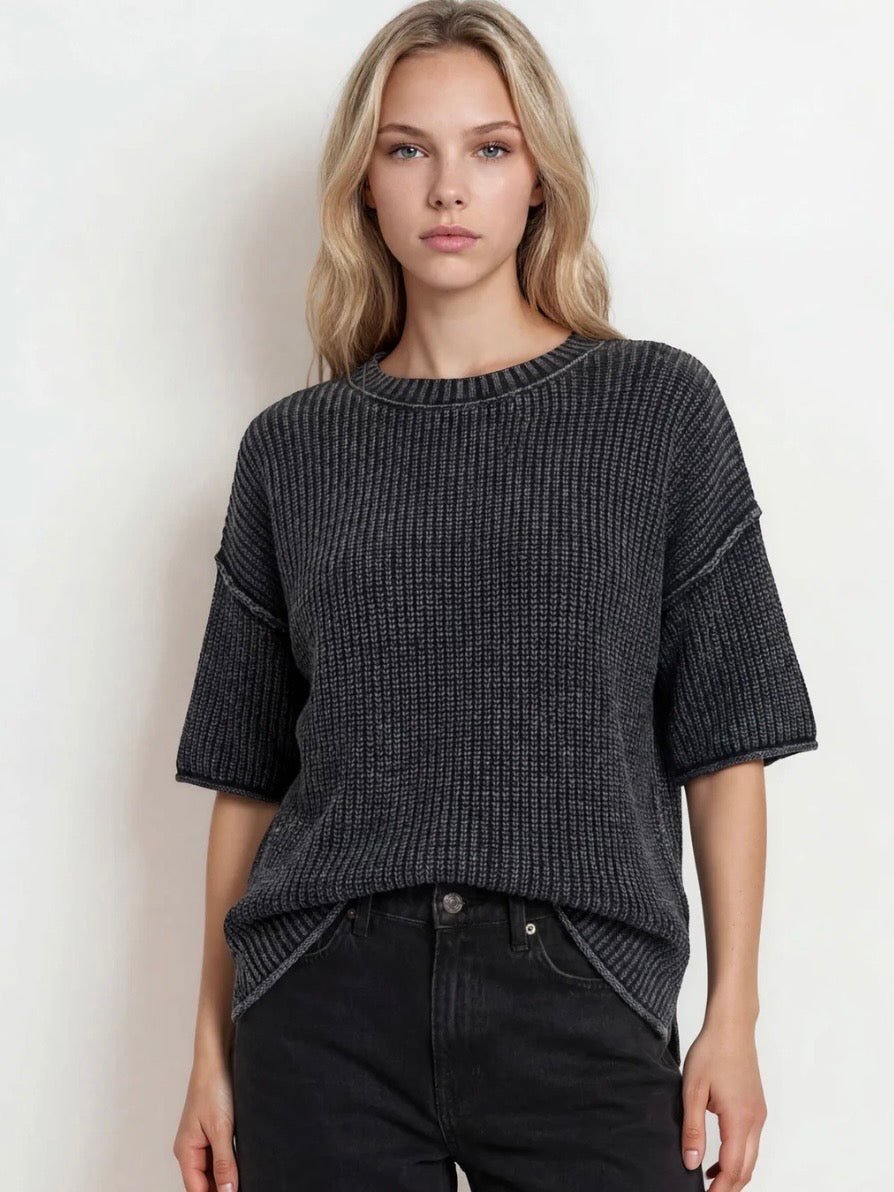 Here For You Washed Crew Short Sleeve Knit Sweater Black
