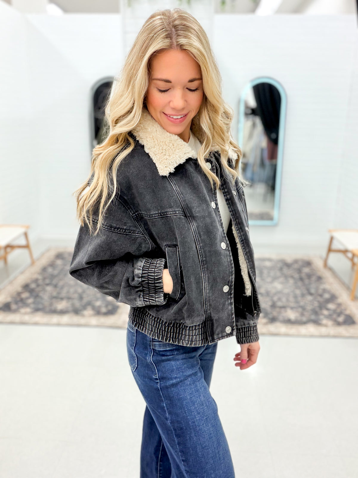 After Midnight Fur Collared Denim Jacket Black
