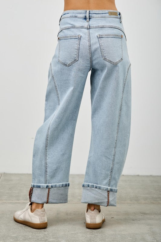 The Paige High Rise Barrel Wide Cuff Denim Light Wash