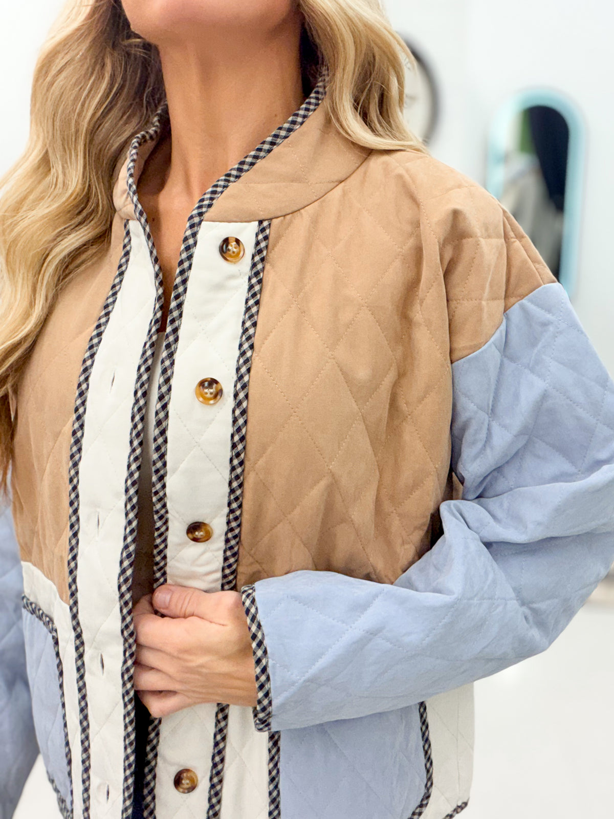 Hang On Quilted Color Block Button Jacket Taupe/Blue