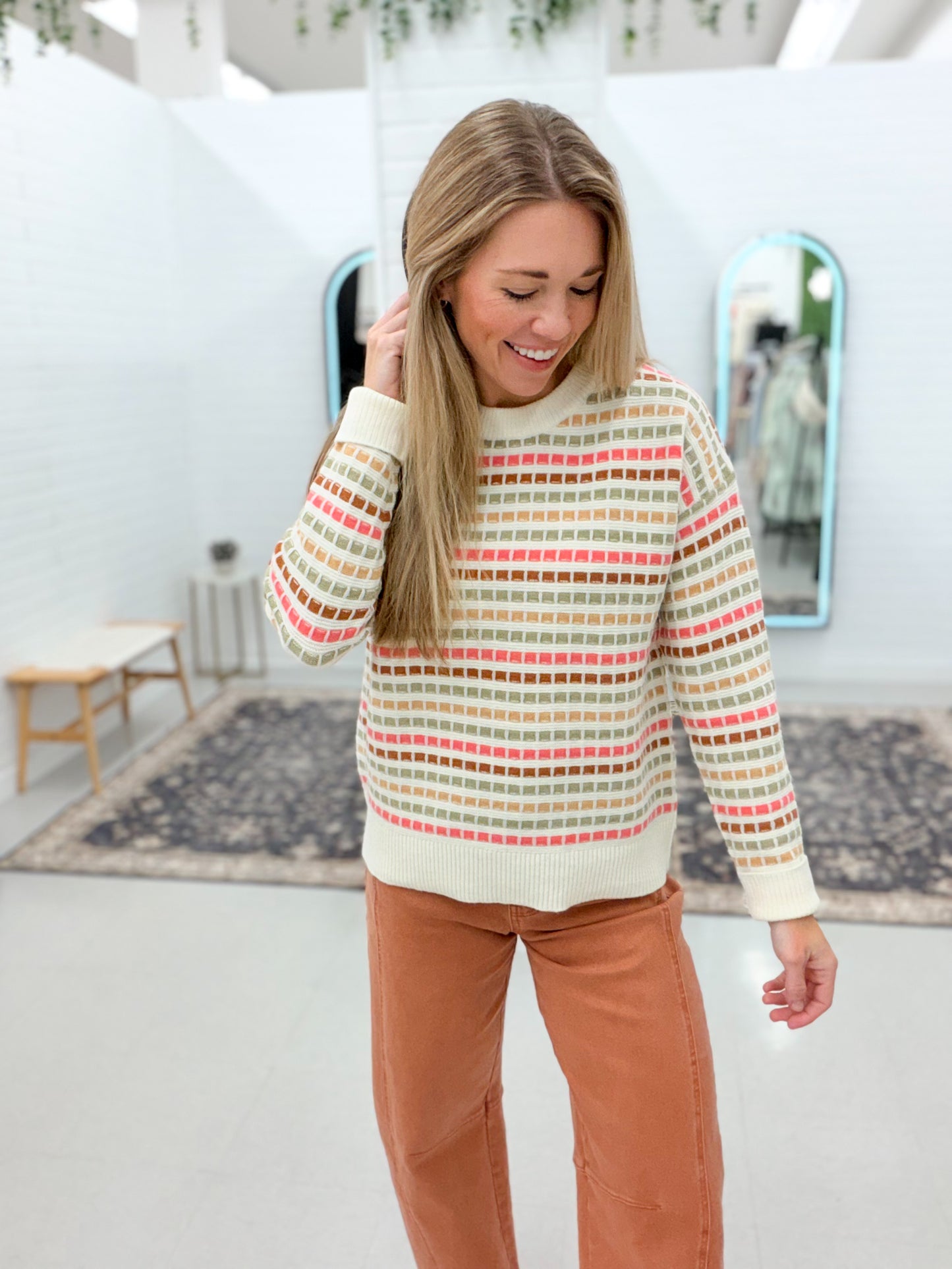 First Look Textured Multicolor Stripe Sweater Pink/Olive