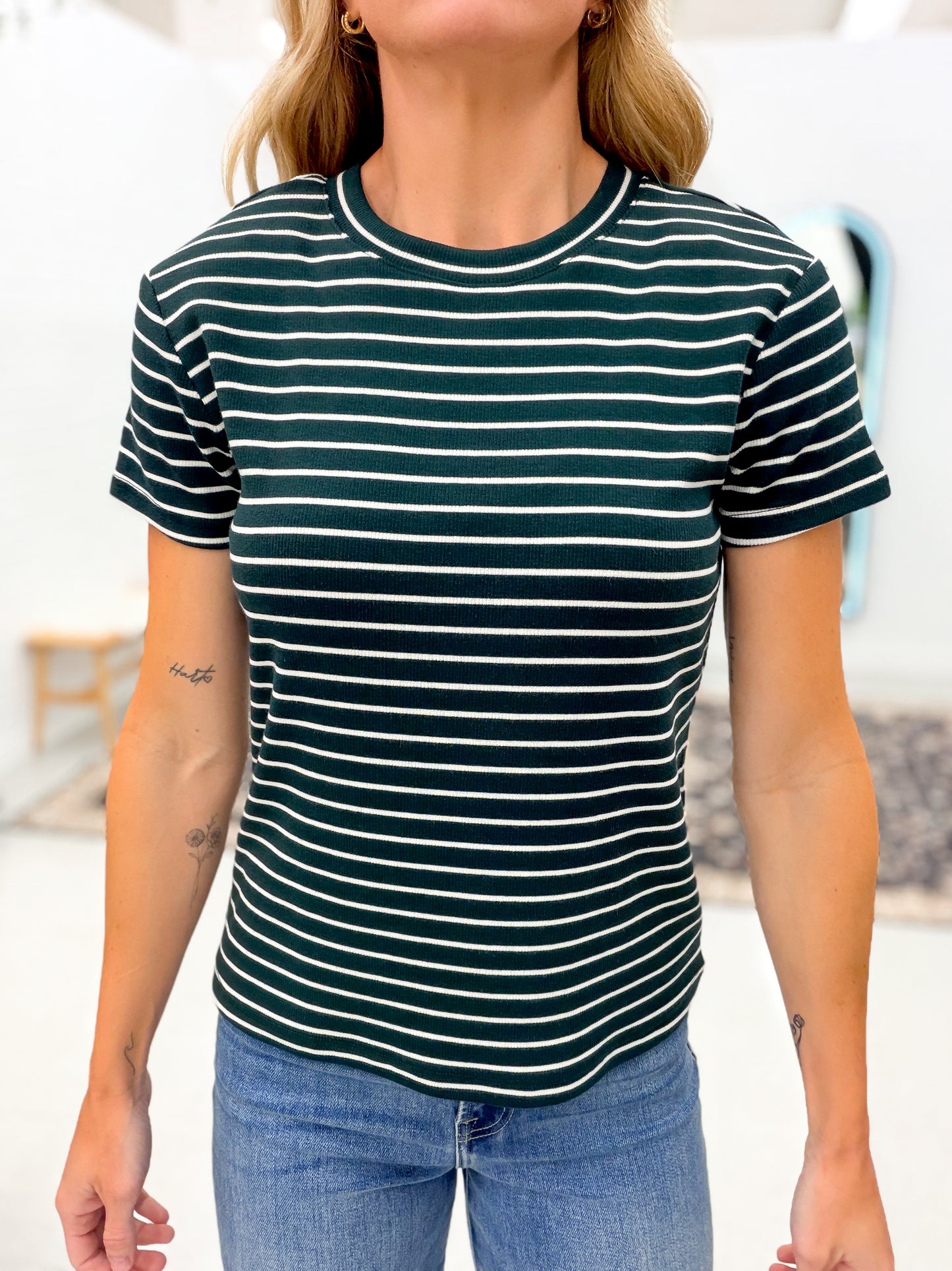 The Annie Ribbed Tee Pine Stripe