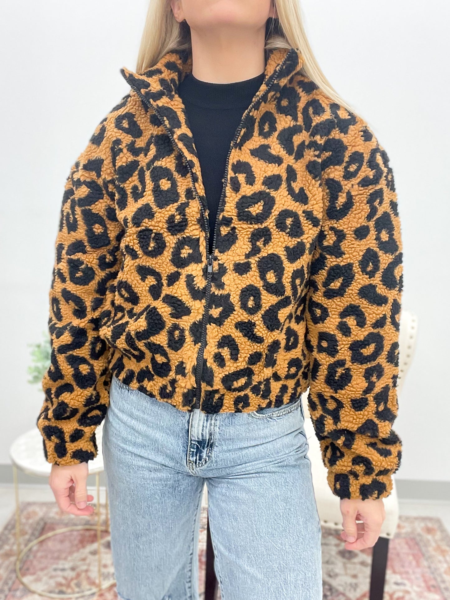 Soft Spoken Sherpa Leopard Jacket Camel