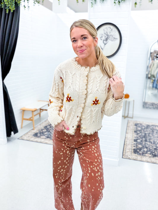 Ella Checkered Cable Knit Floral Pattern Cardigan Cream