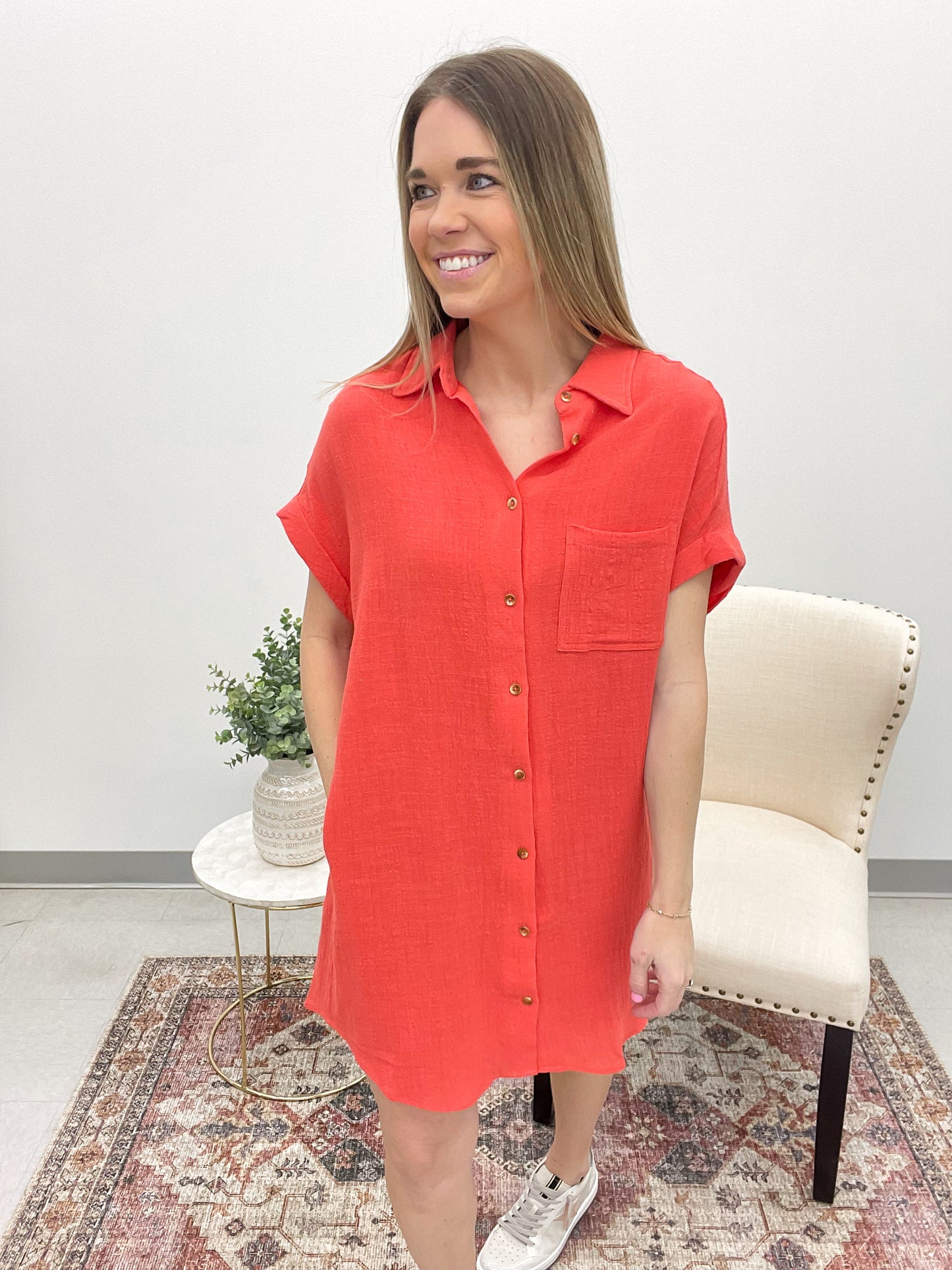 Barely There Button Up Shirt Dress Coral