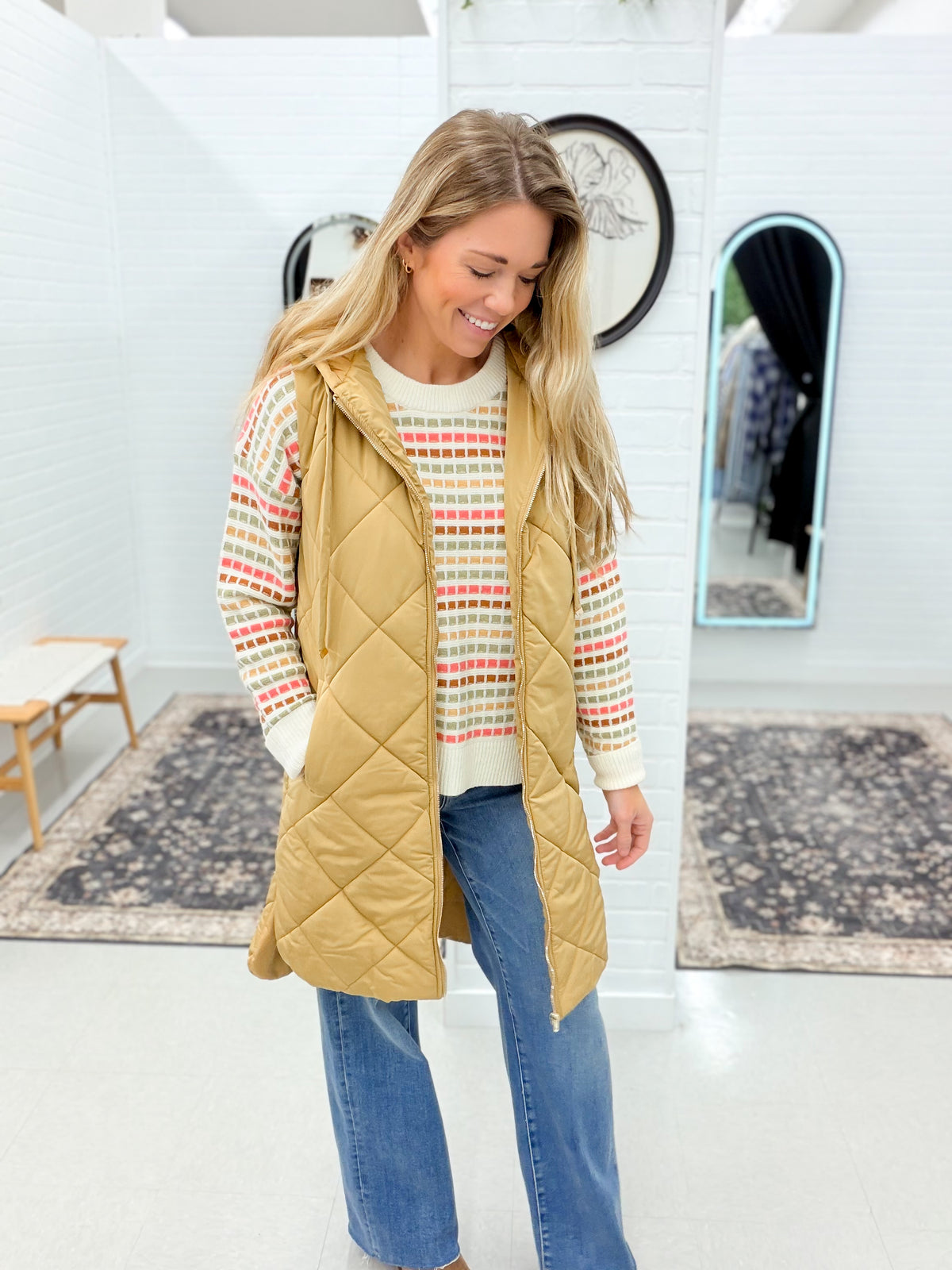 Bundle Up Quilted Puffer Long Hooded Vest Camel