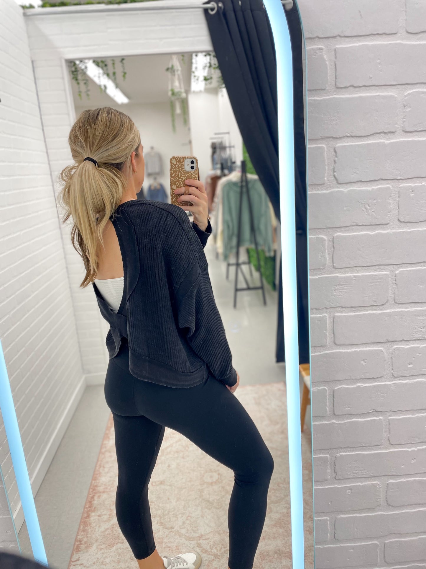 Her Time Waffle Knit Open Back Long Sleeve Top Black