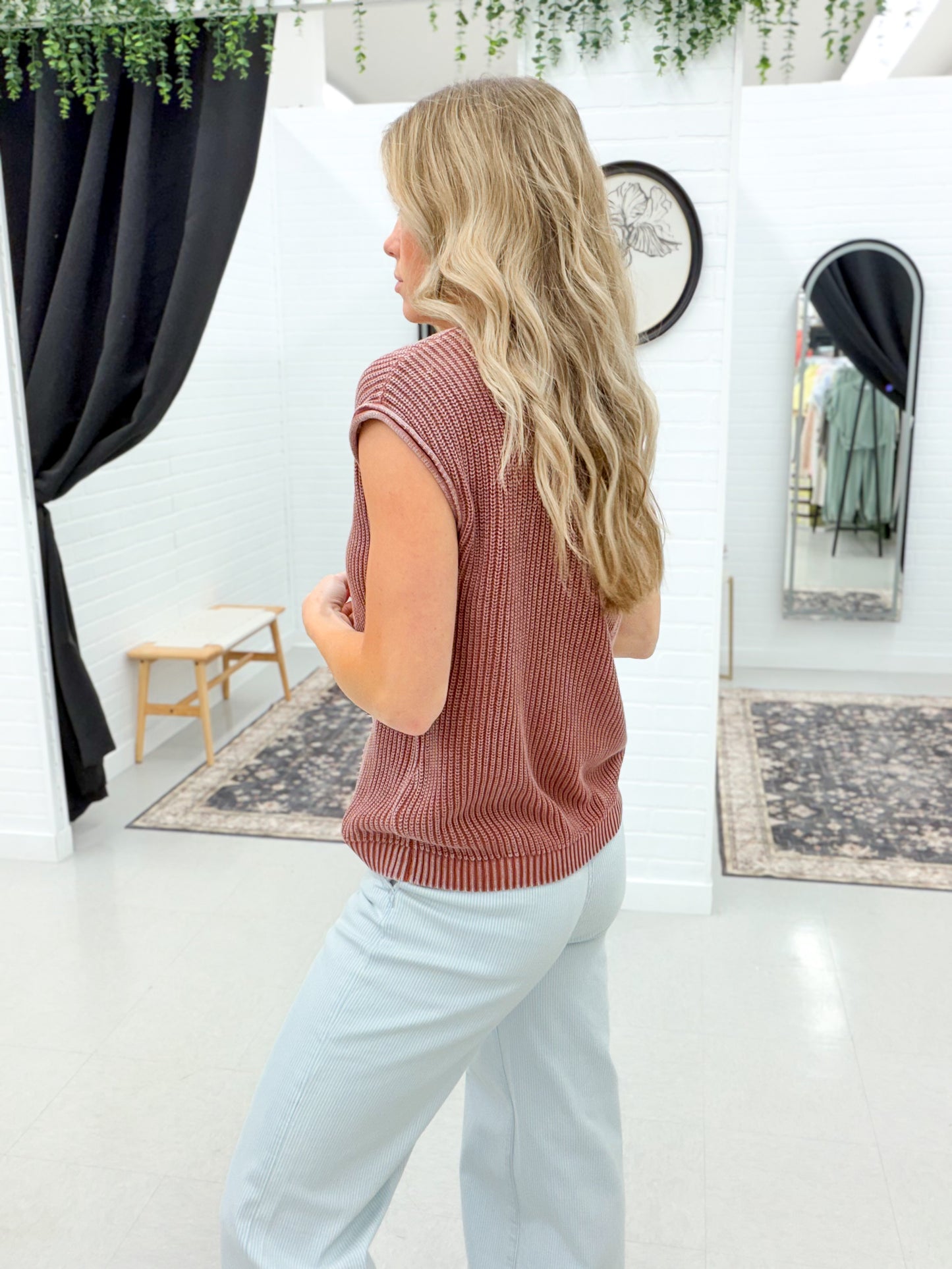 For You Washed Button Henley Knit Top Terracotta