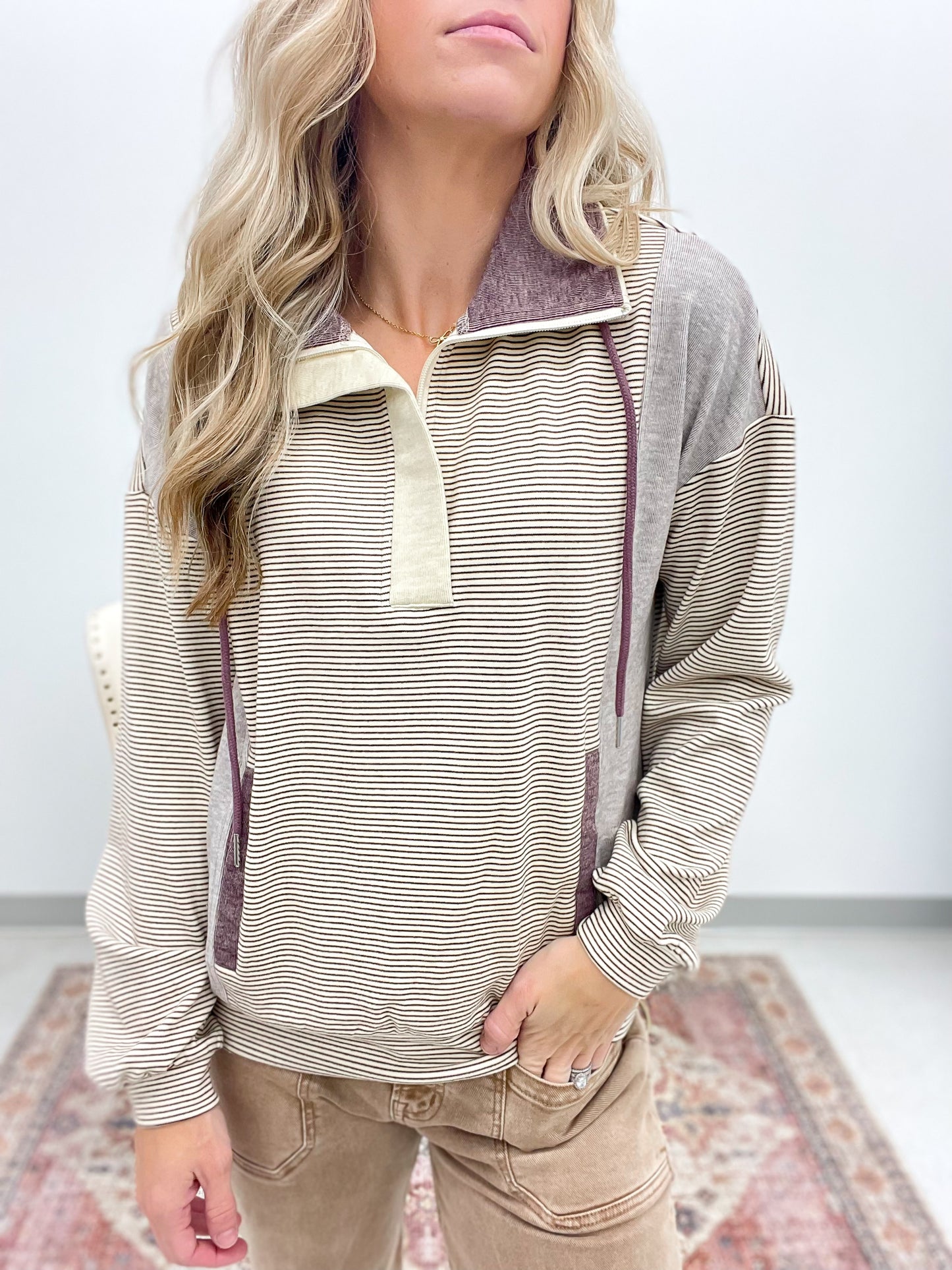 Could It Be Half Zip Striped Brush Pullover Purple