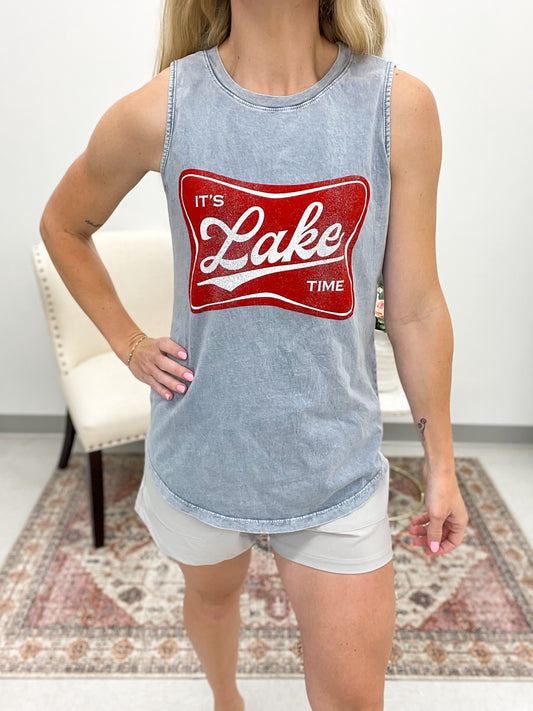 It’s Lake Time Graphic Tank Mineral Wash Vintage Blue