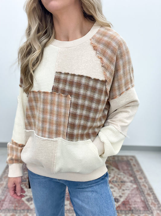 Stay Together Patchwork Mineral Wash Pullover Oatmeal