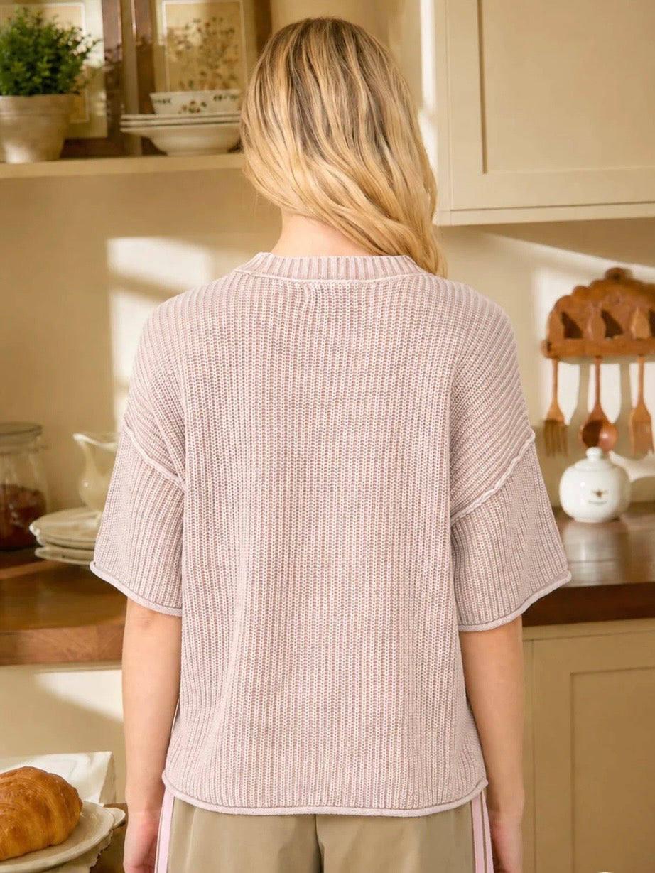 Here For You Washed Crew Short Sleeve Knit Sweater Mocha