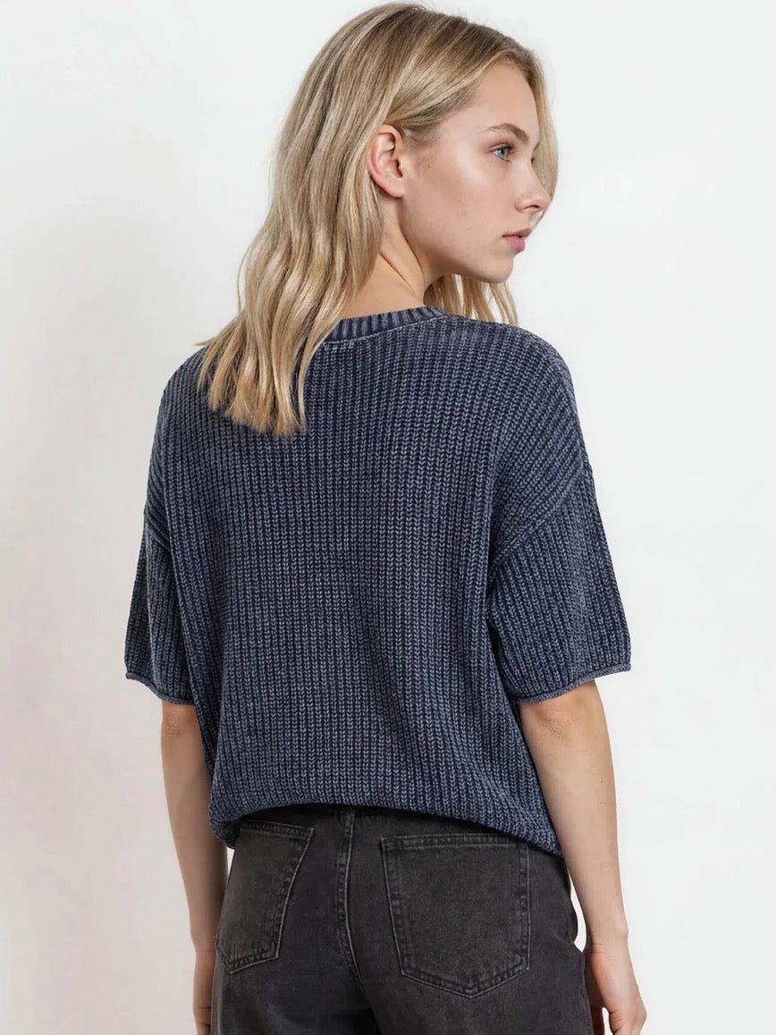 Here For You Washed Crew Short Sleeve Knit Sweater Navy