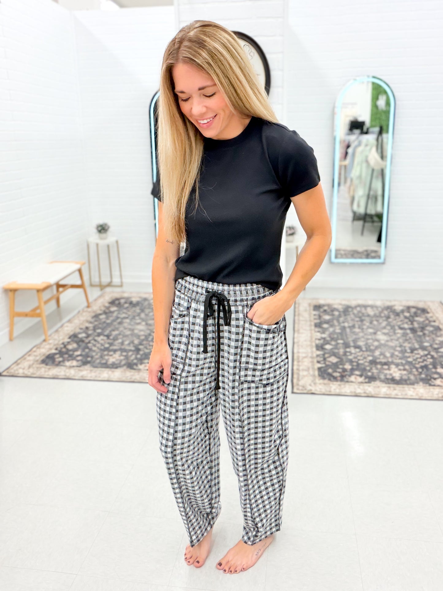Your Plans Brushed Check Barrel Knit Pants Black