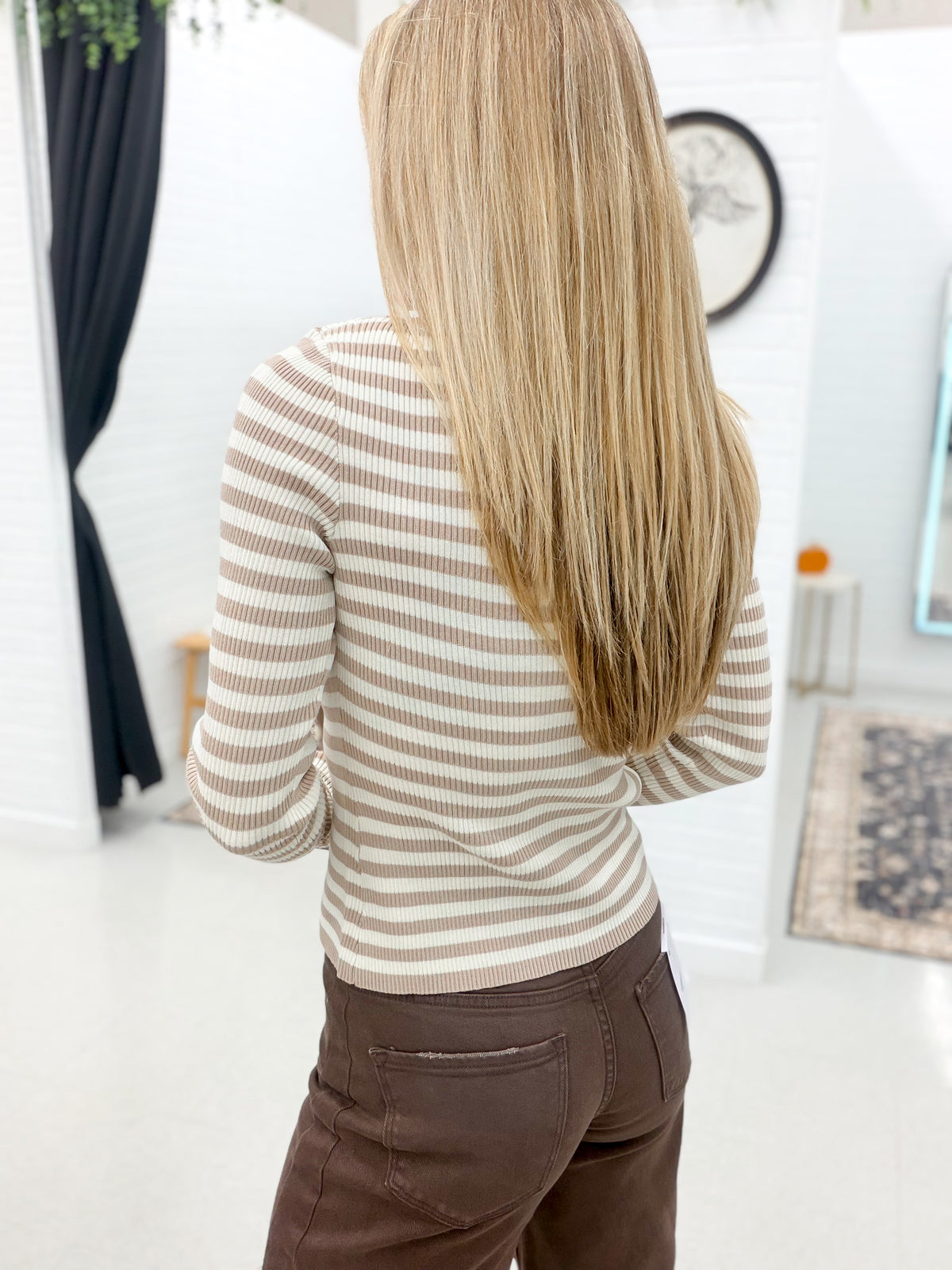 Chic Please Diagonal Stripe Ribbed Top Taupe