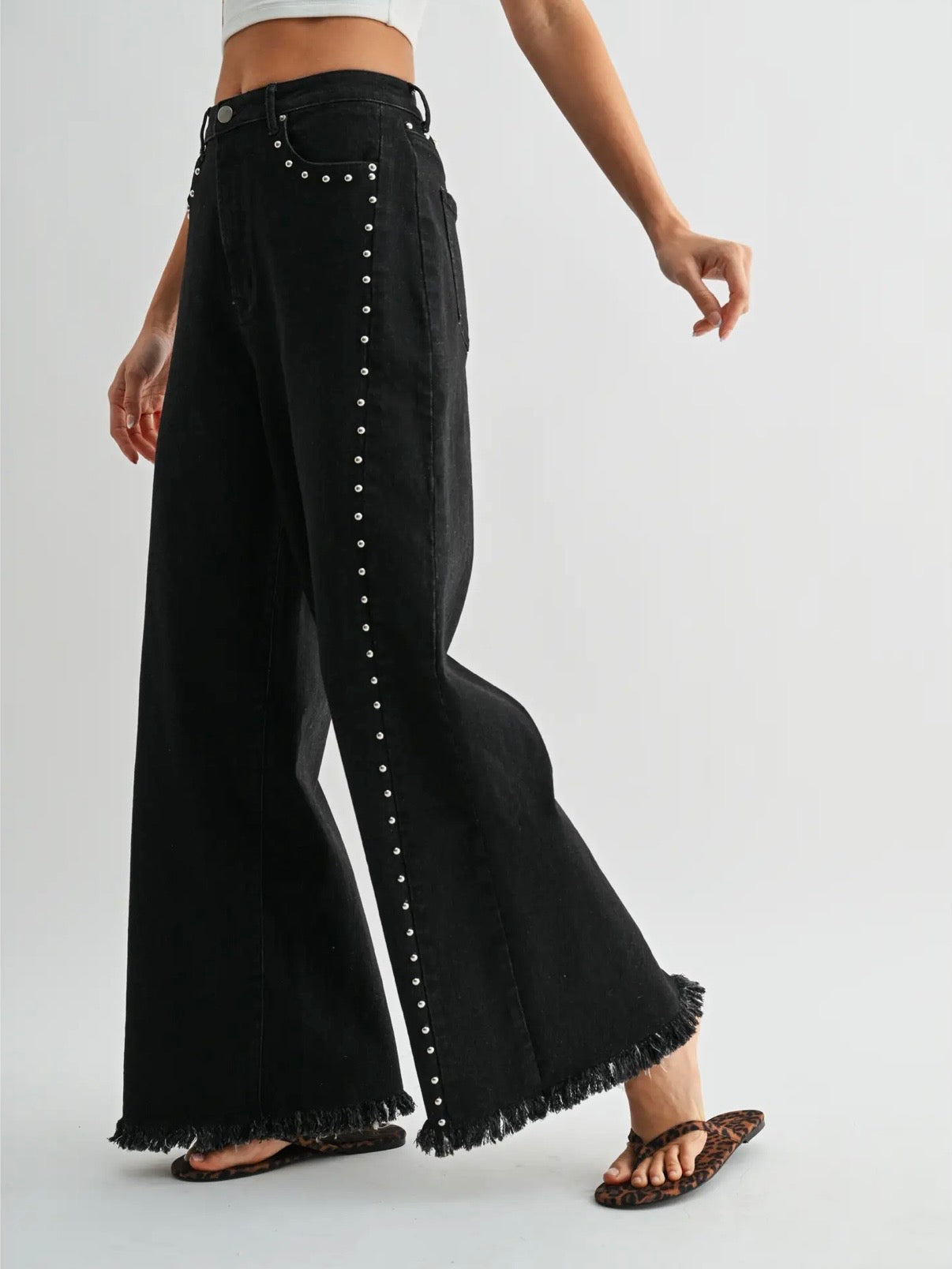 The Leah High Waisted Wide Leg Denim Stud Pants Black