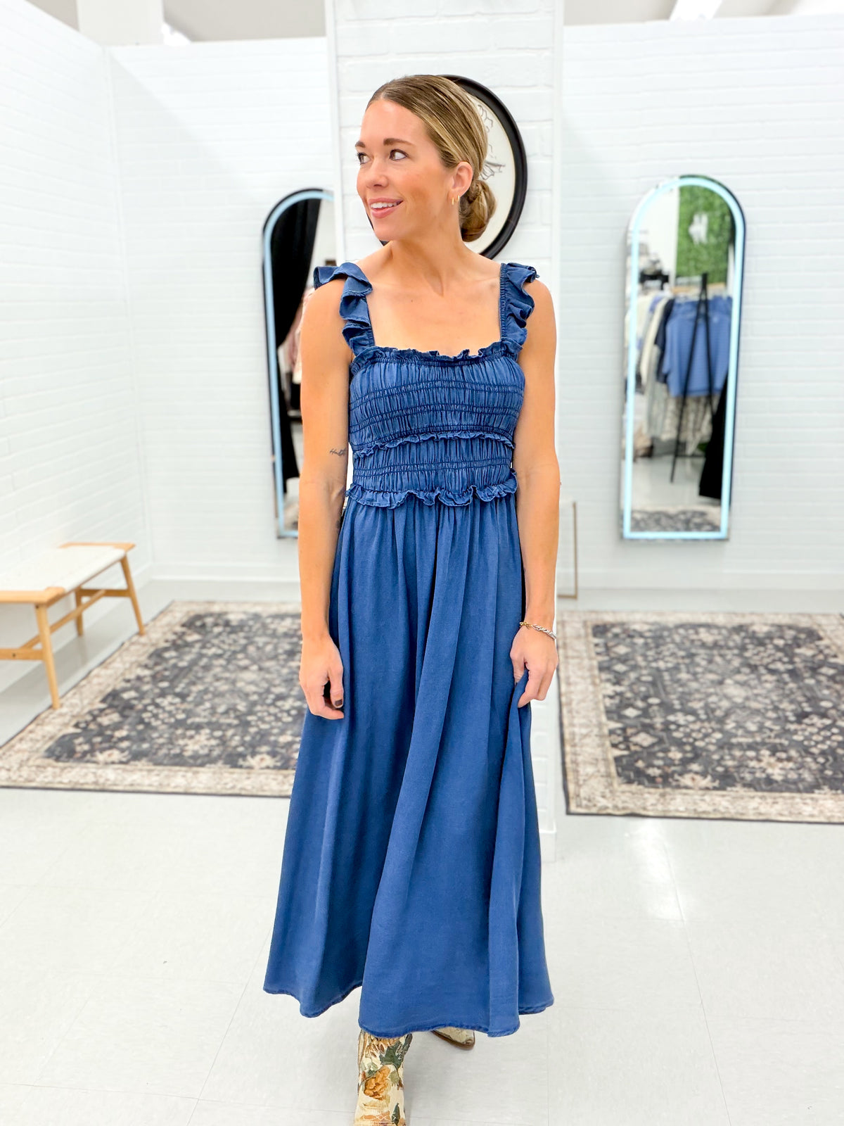 Classic Chic Smocked Ruffle Strap Denim Midi Dress