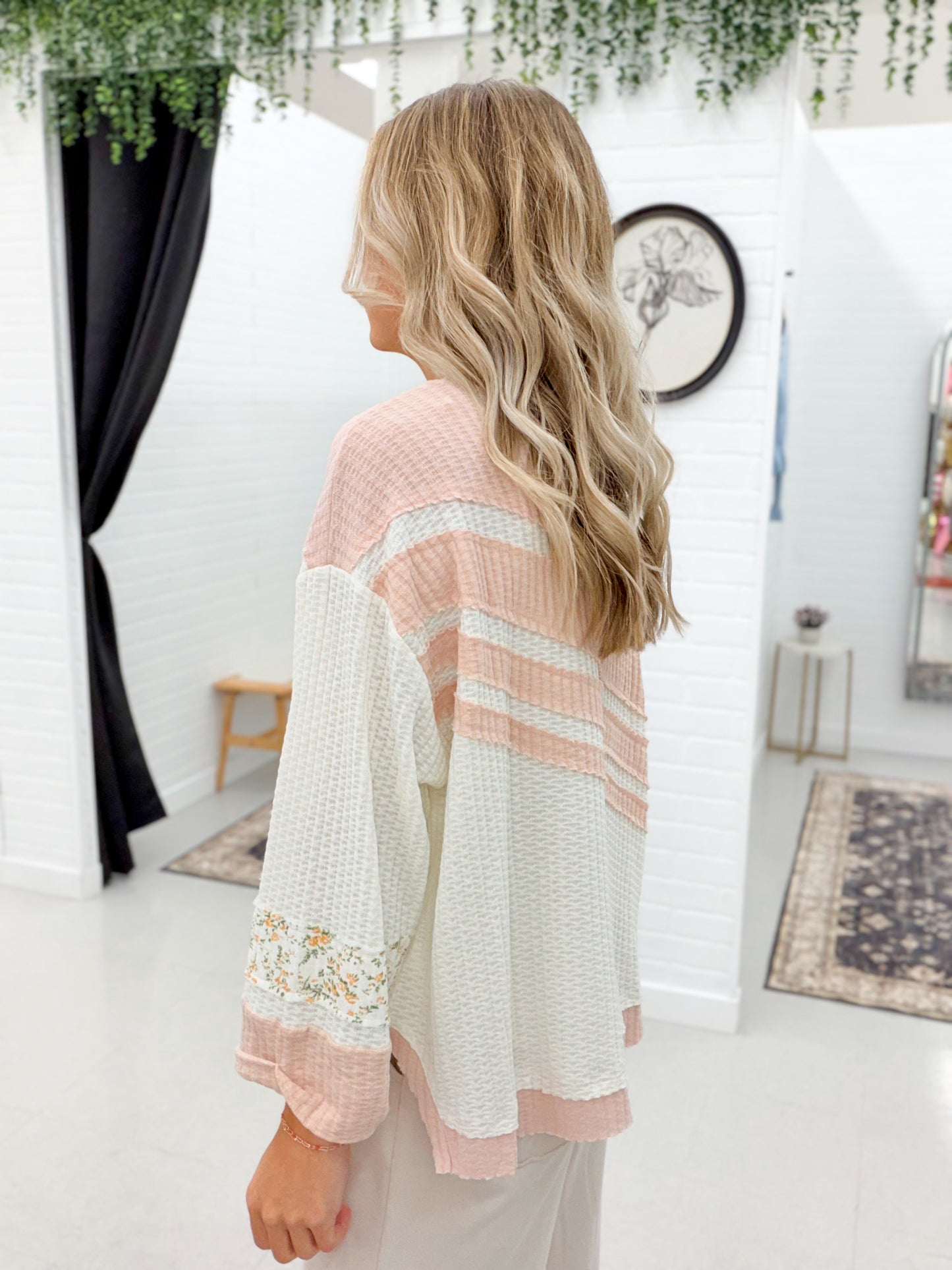 Try Your Best Floral Daisy Color Block Waffle Knit Top Ivory/Mauve