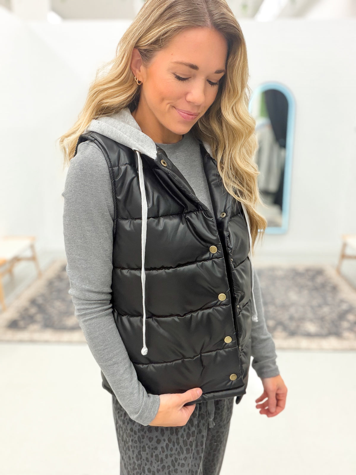 Nowhere Fast Faux Leather Hooded Puffer Vest Black