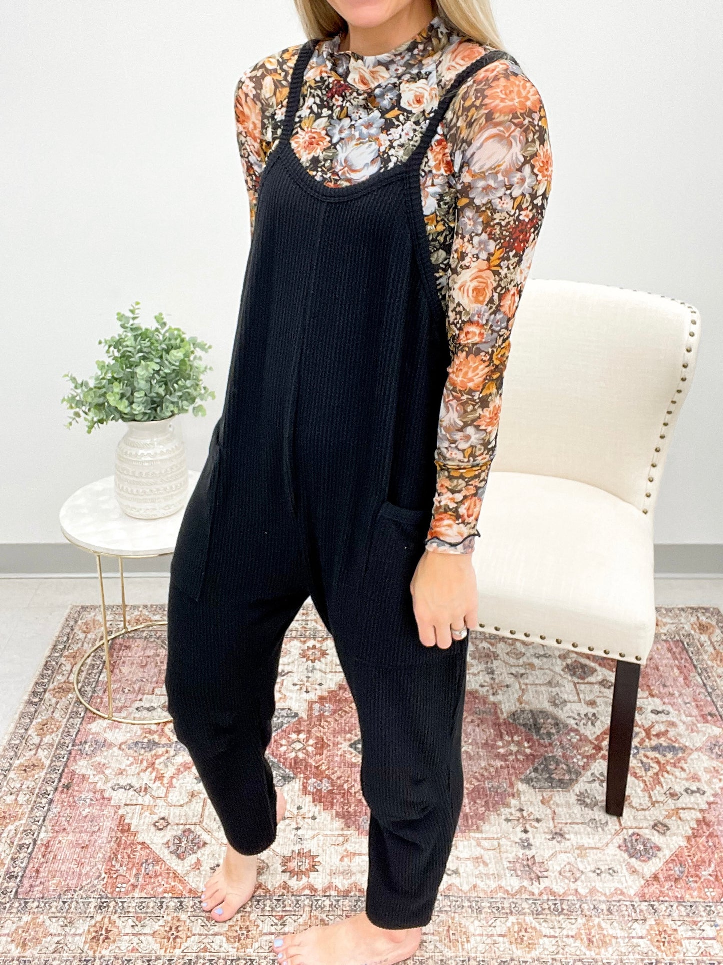 The Rosie Ribbed Harem Jumpsuit Black