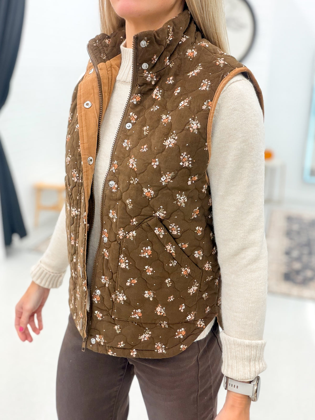 Given Moment Floral Quilted Vest Brown