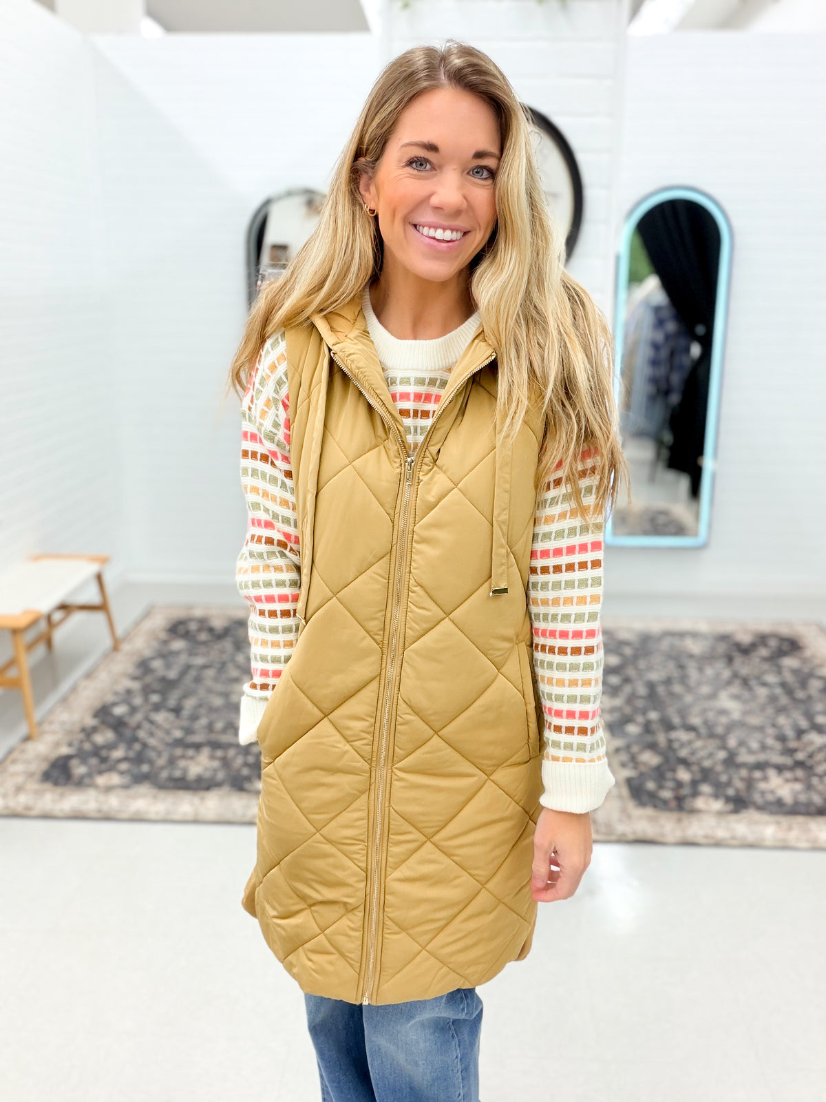 Bundle Up Quilted Puffer Long Hooded Vest Camel
