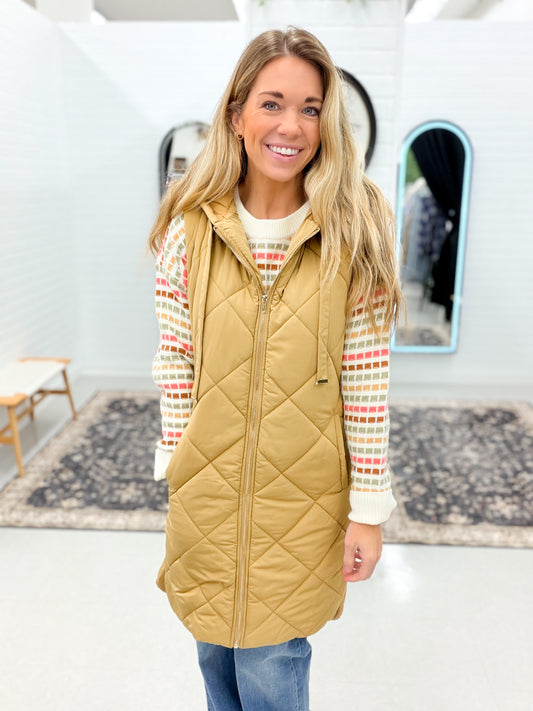 Bundle Up Quilted Puffer Long Hooded Vest Camel