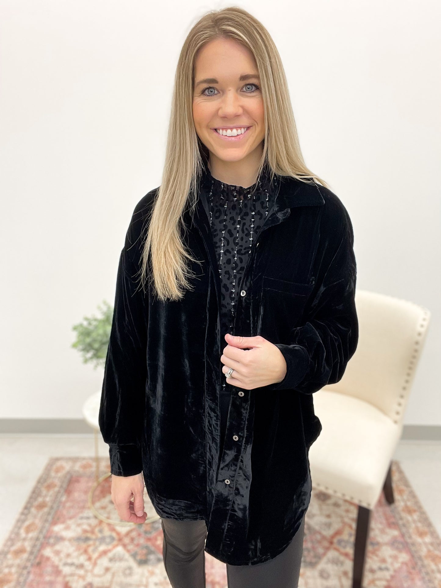 Night Out Velvet Button Down Top Black