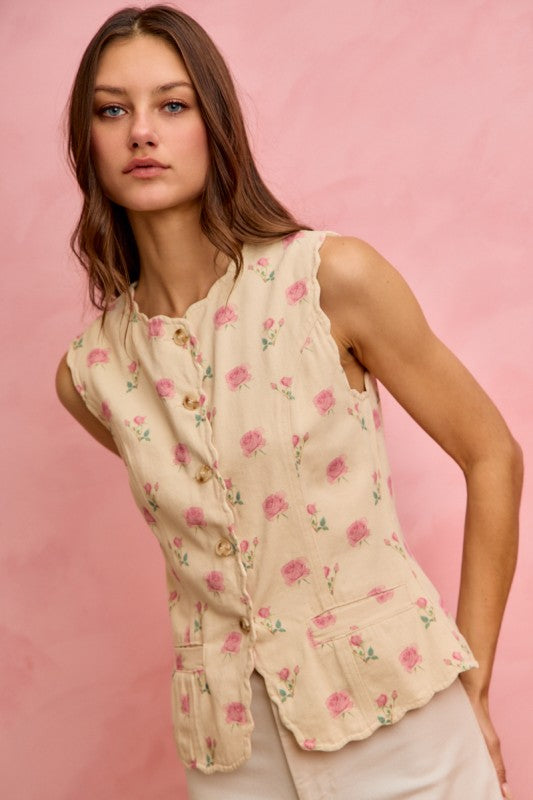 For You Floral Rose Scallop Button Down Vest Ivory/Pink