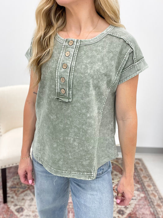 Stay True Washed Henley Top Olive