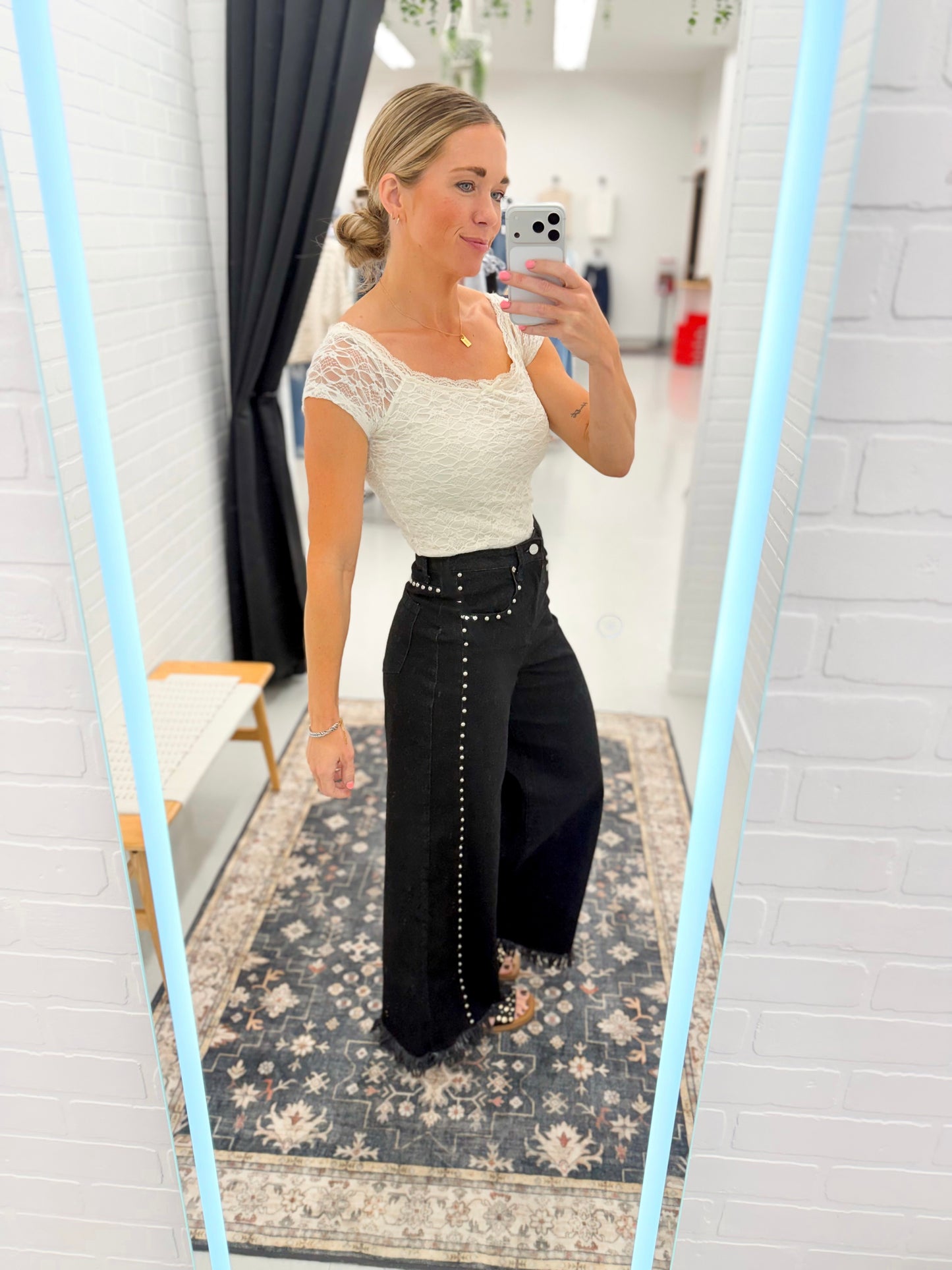 The Leah High Waisted Wide Leg Denim Stud Pants Black