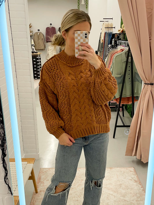 The Polly Mock Neck Cable Knit Sweater Rust