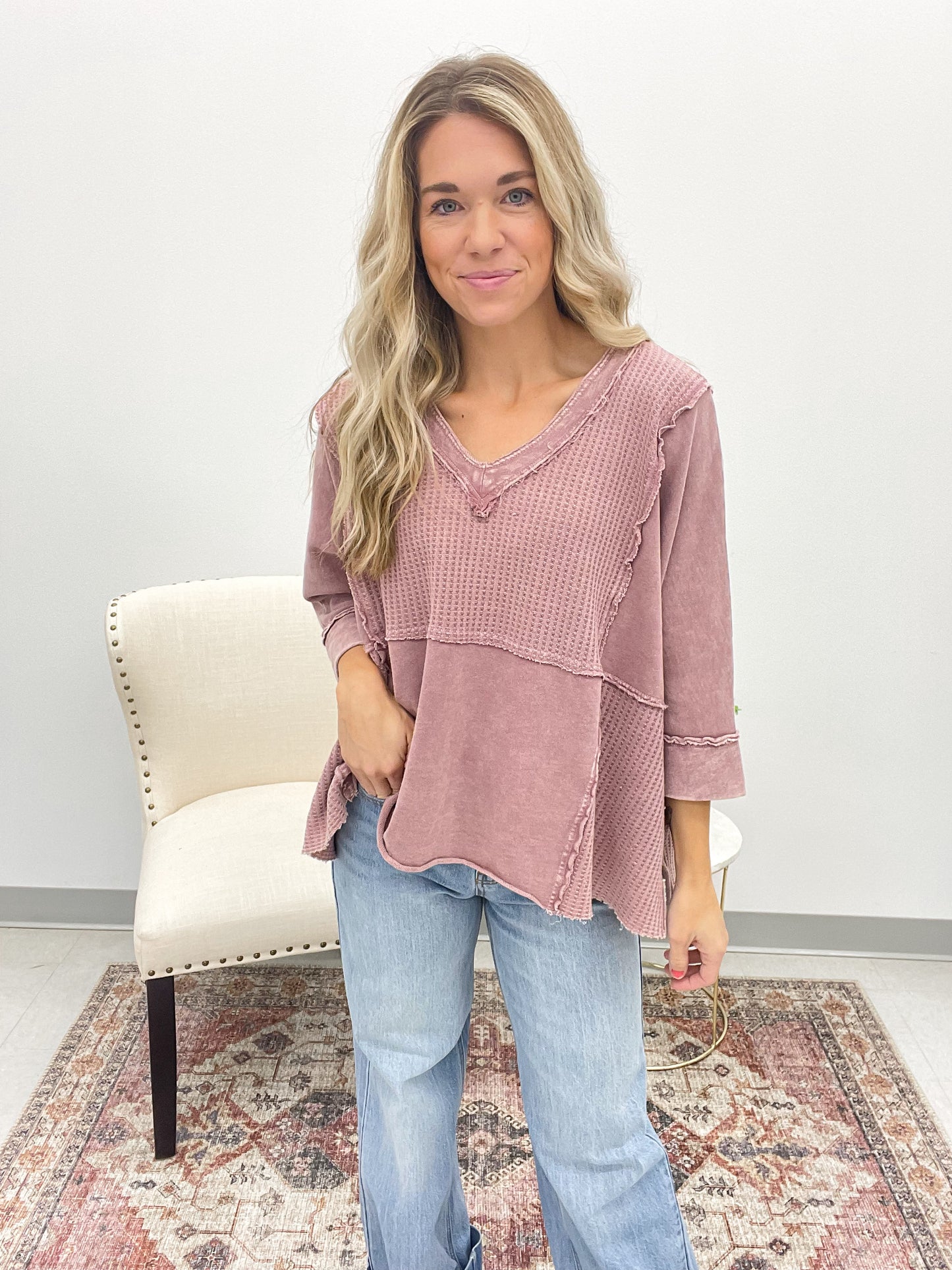 After Time Thermal Knit Mineral Wash Top Mauve