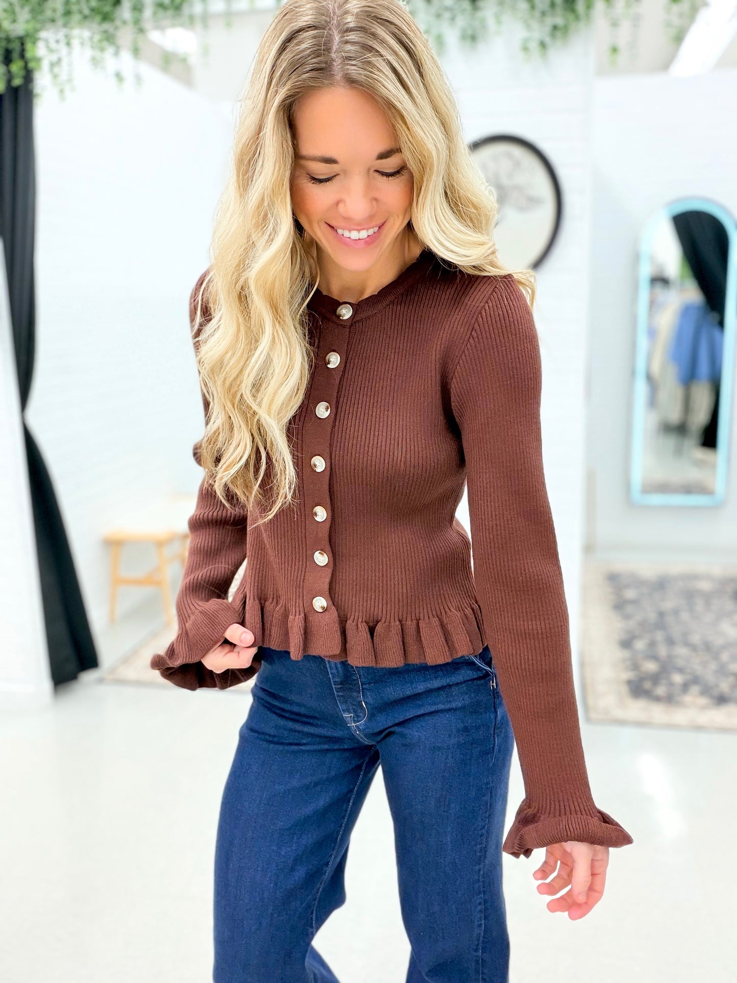 The Details Ruffle Hem Ribbed Knit Sweater Cardigan Brown