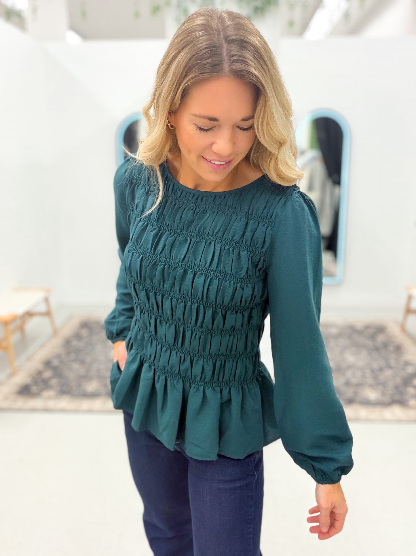 Fall Back Smocked Peplum Blouse Hunter Green