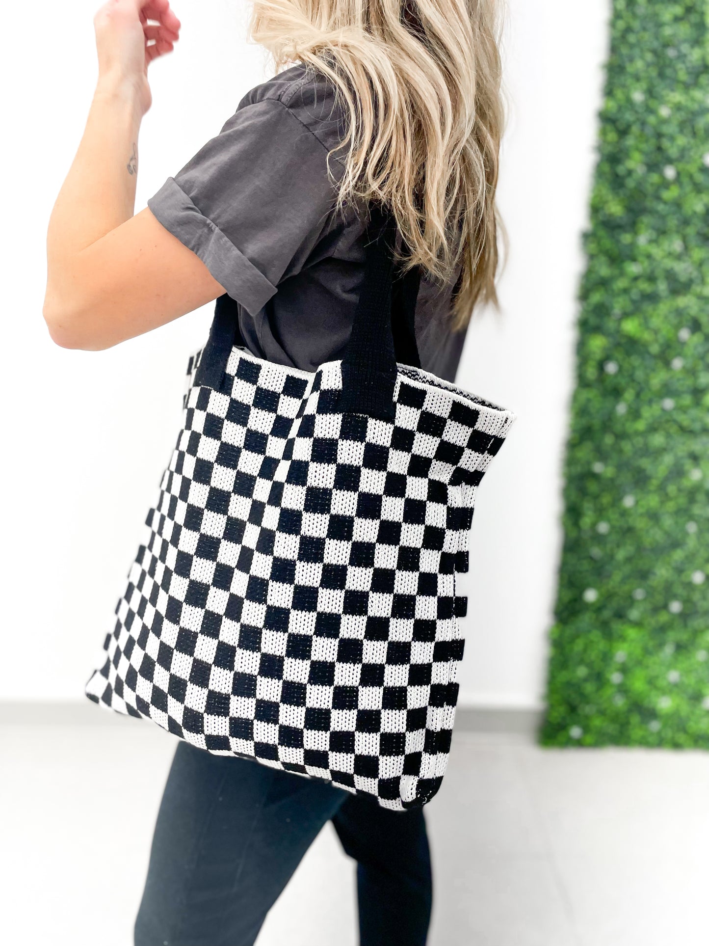 Winner Is Checker Print Knit Commuter Tote