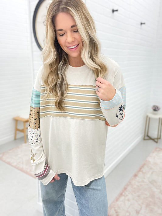 Could It Be Striped Mix Knit Long Sleeve Top Cream