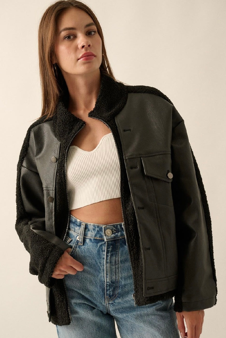 Edgy Chic Contrast Faux Leather Jacket