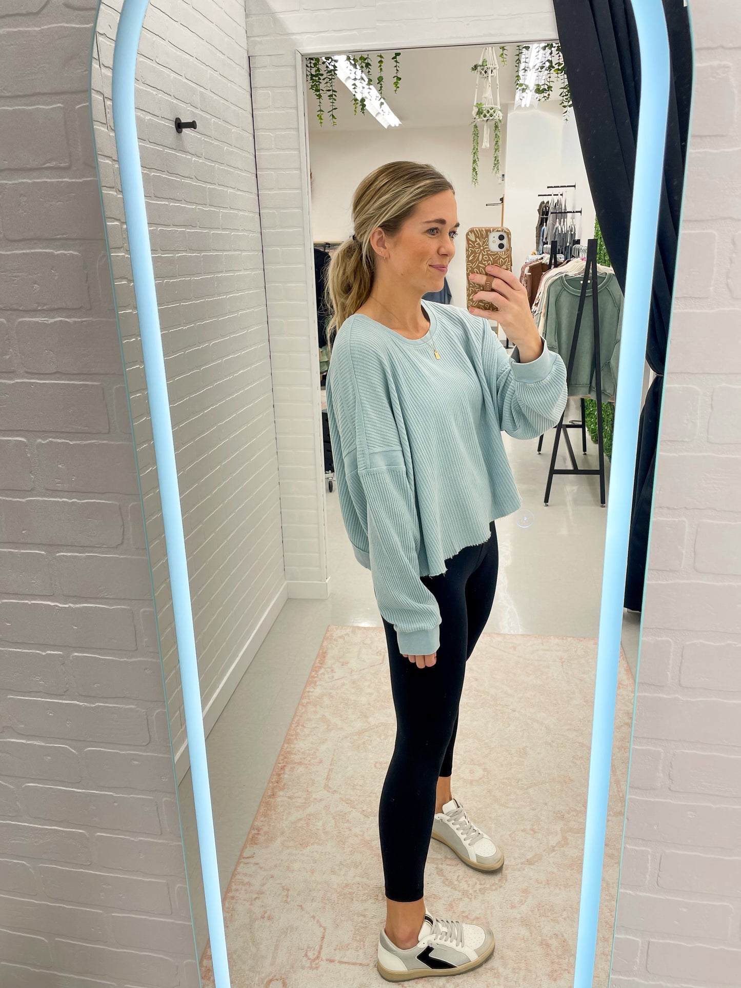 Her Time Waffle Knit Open Back Long Sleeve Top Sky Blue