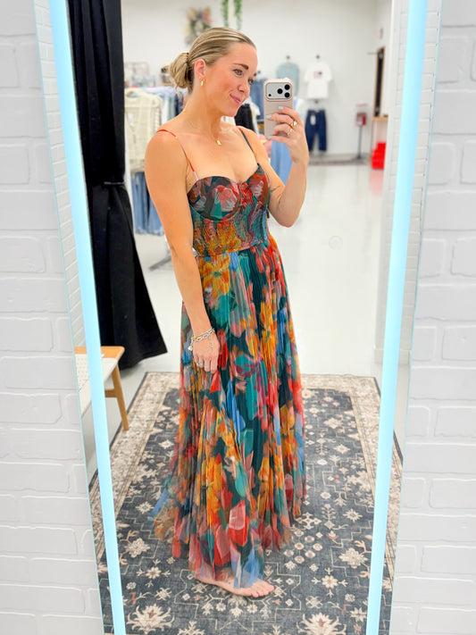 The Camille Pleated Floral Tulle Maxi Dress Multicolor