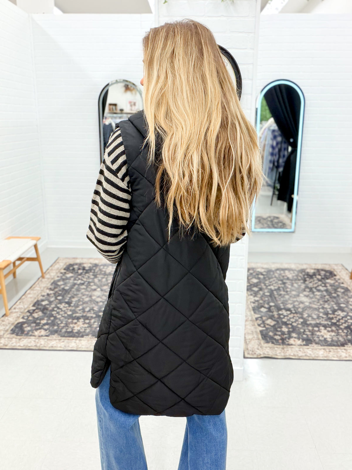 Bundle Up Quilted Puffer Long Hooded Vest Black