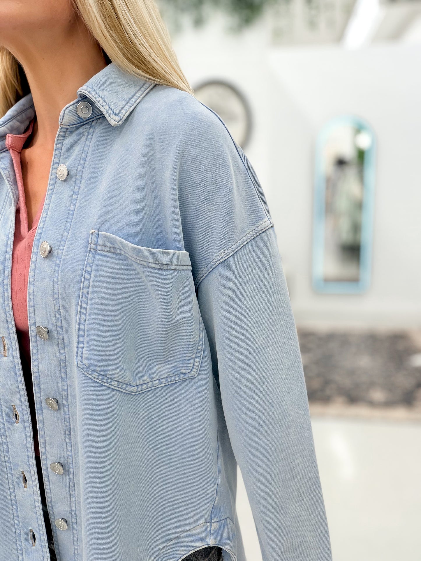 For Tonight Washed Button Down Shirt Jacket Light Blue