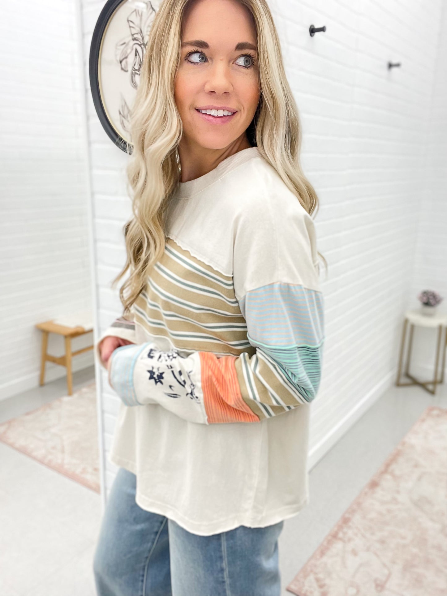 Could It Be Striped Mix Knit Long Sleeve Top Cream