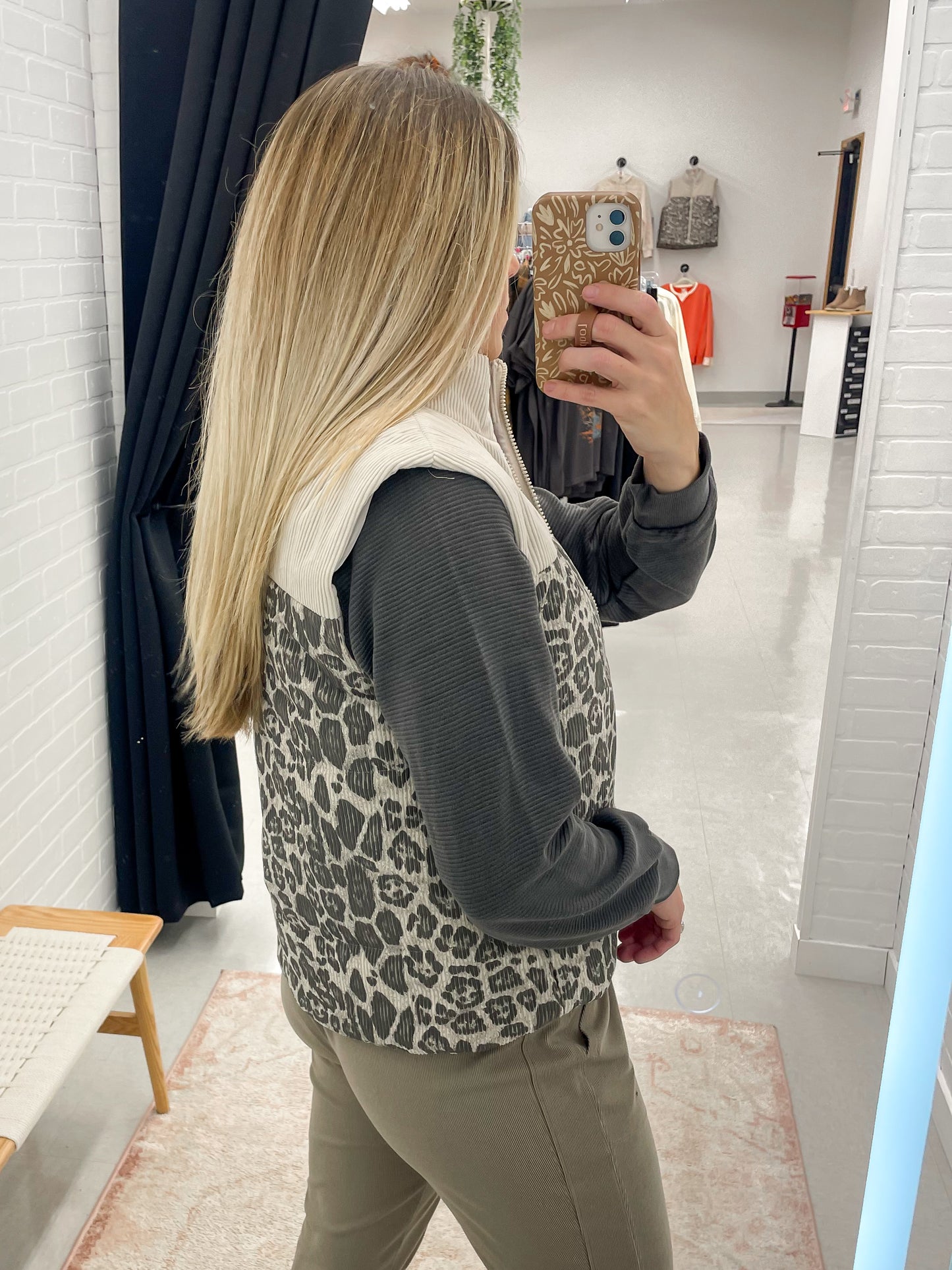 Around Here Leopard Print Corduroy Detail Puffer Vest Oatmeal
