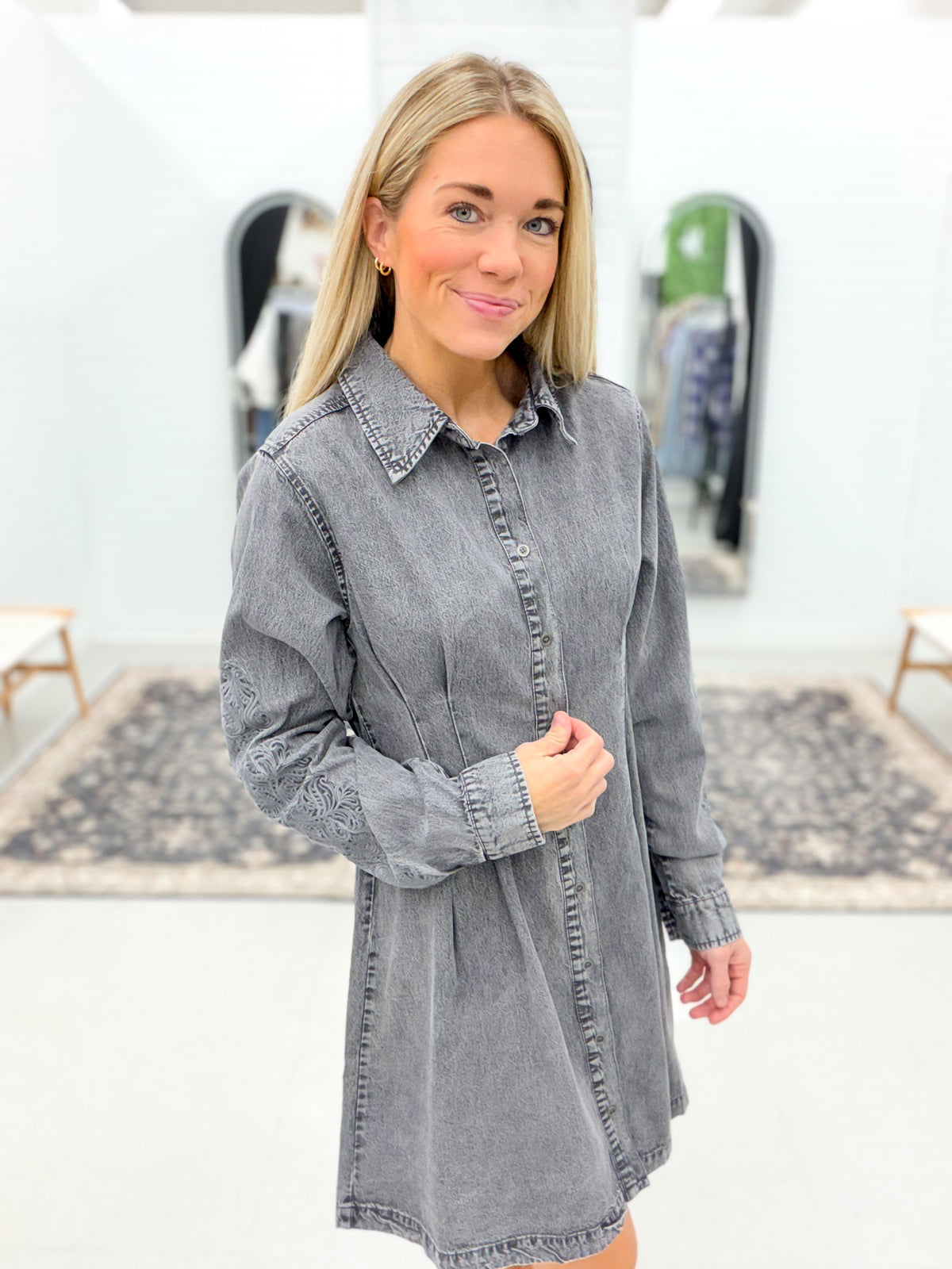 Out West Tencel Embroidered Button Shirt Dress Gray