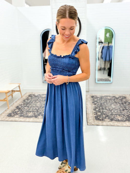 Classic Chic Smocked Ruffle Strap Denim Midi Dress