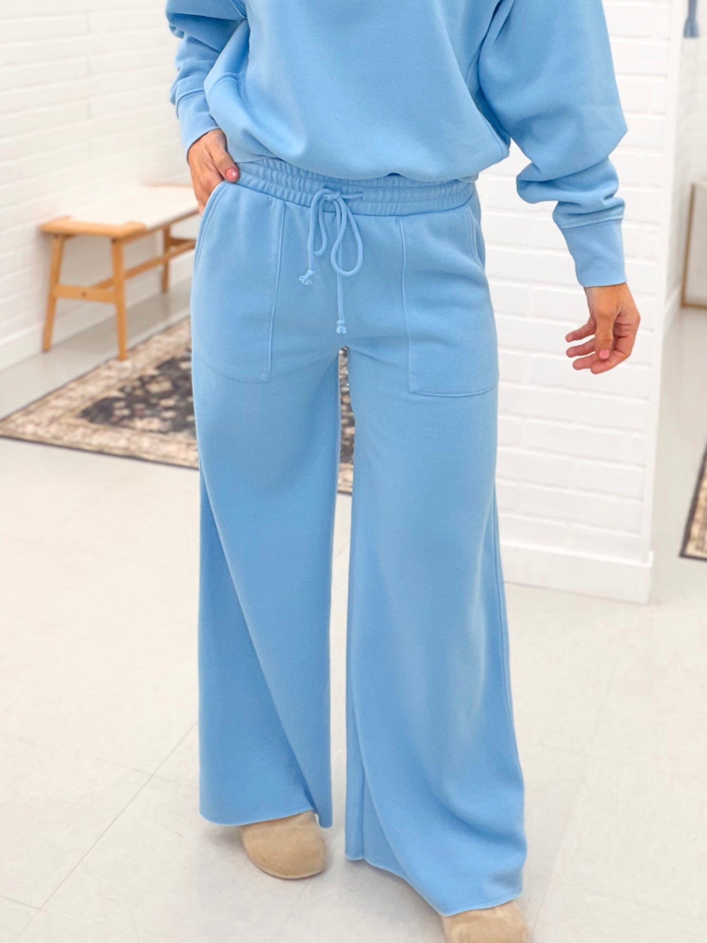 Time Tells Mineral Wash Sweatshirt And Wide Leg Pants Set Sky Blue