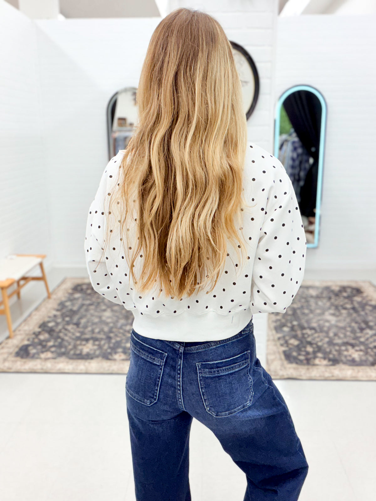 Stay Chic Polka Dot Off The Shoulder Sweatshirt White