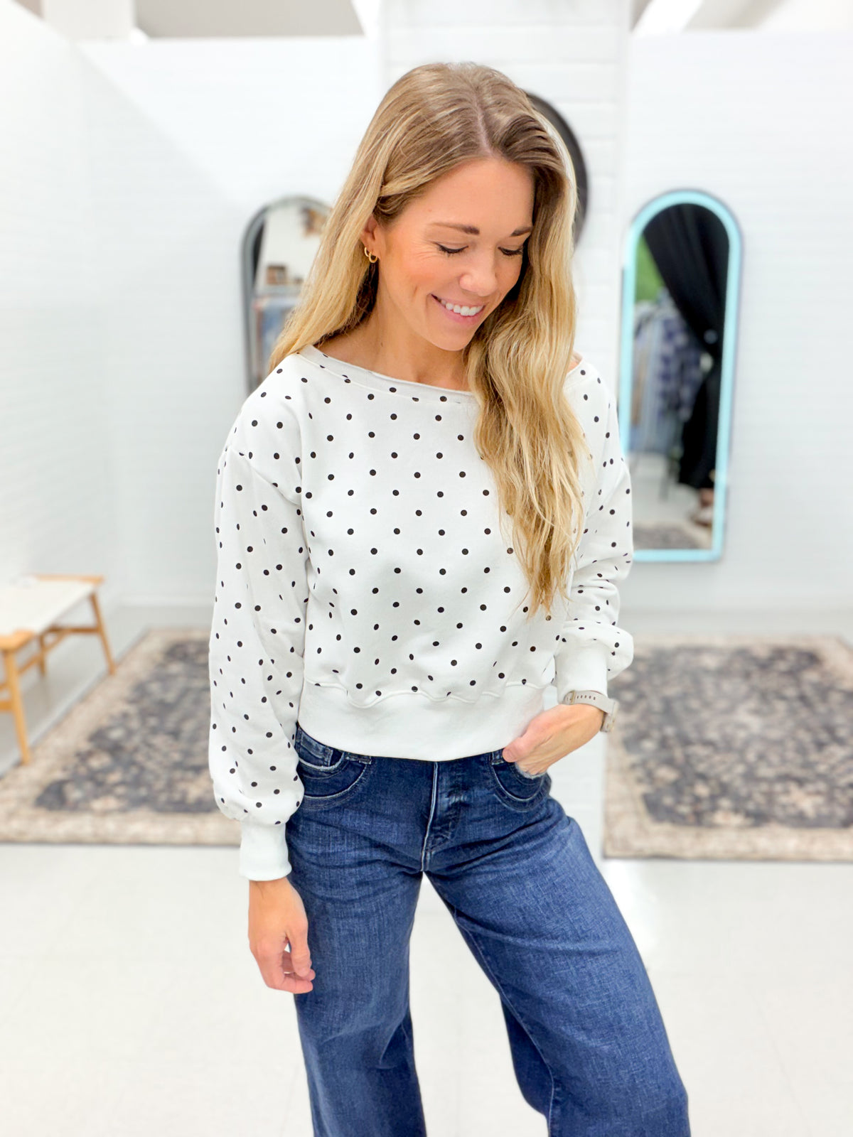 Stay Chic Polka Dot Off The Shoulder Sweatshirt White