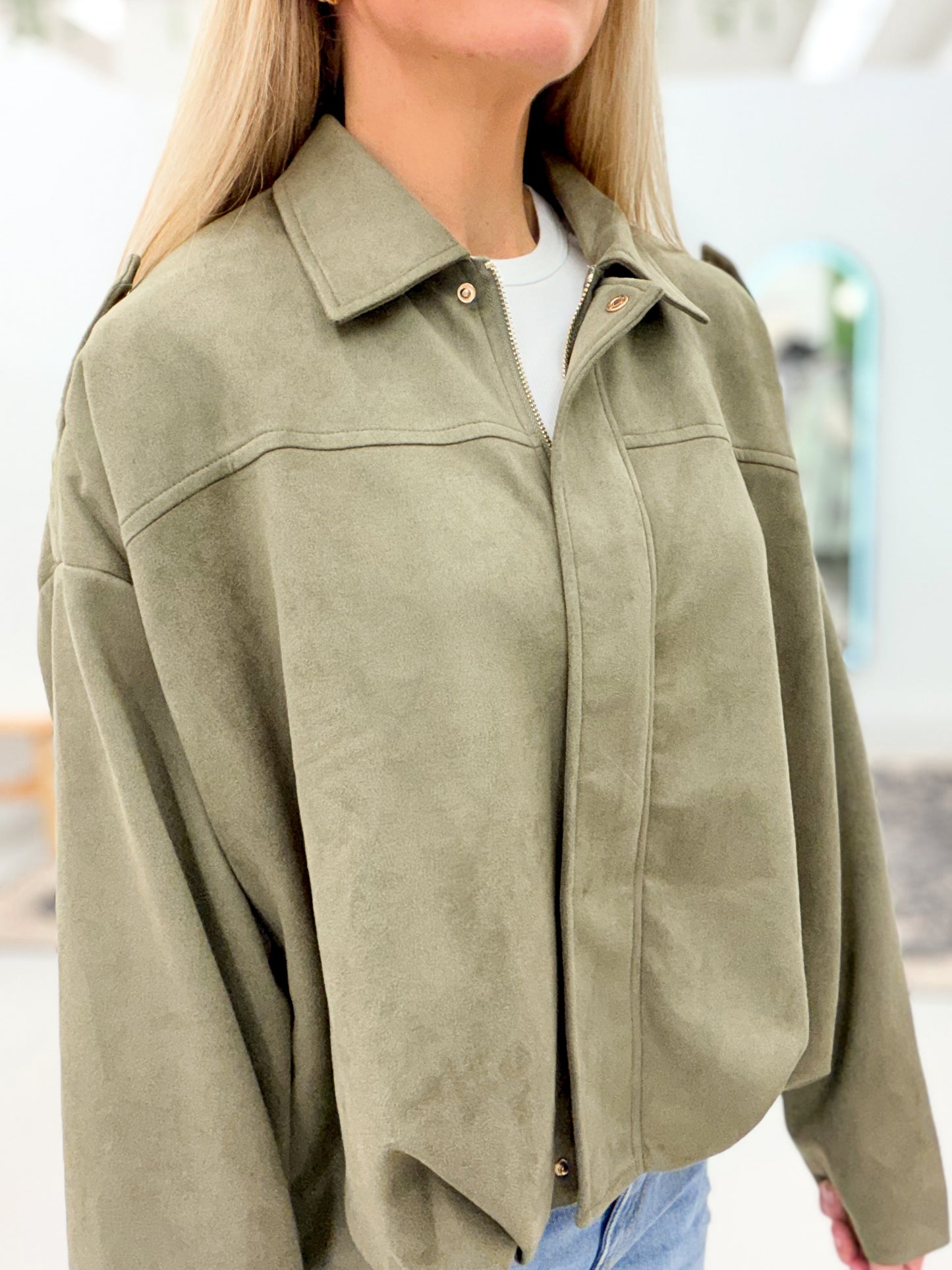 Daydreamer Microsuede Bubble Hem Jacket Olive